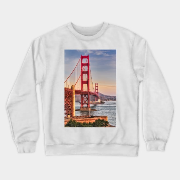 Golden Gate Bridge and Cargo Ship Crewneck Sweatshirt by jforno